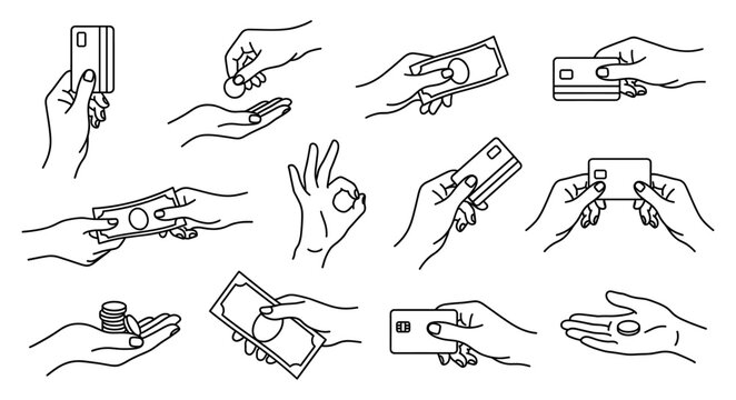 Money payment hand doodle set with credit card banknote coin