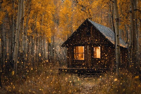 A wooden cabin surrounded by aspen trees in full autumn gold, yellow leaves raining down, warm interior light glowing through the window, rustic lifestyle photography, warm ochre and amber tones
