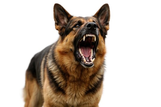 Alert German Shepherd barking loudly with visible teeth on plain white background