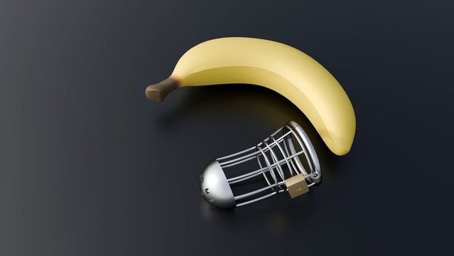 3d render of a yellow banana placed and a metal cage-style male chastity device. It uses the fruit as a metaphorical representation of the anatomical function of the device.