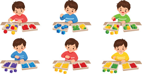 Fototapeta premium Kids learning colors and sorting objects educational activity vector illustration set, children sorting colorful blocks and toys on table isolated on white background for preschool classroom learning