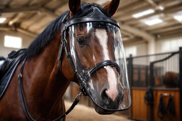 Obraz premium Healthy horse showcasing protective face shield use in equestrian care environment