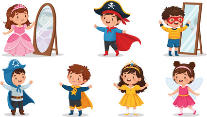Kids wearing fantasy costumes vector illustration set, children dressed as princess, pirate, superhero and fairy characters isolated for preschool role play, imagination and costume party © Enduro Lenzo 