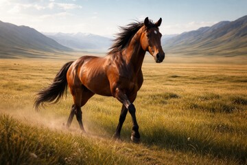 Obraz premium Graceful wild horse trotting on endless valley plains under clear sky
