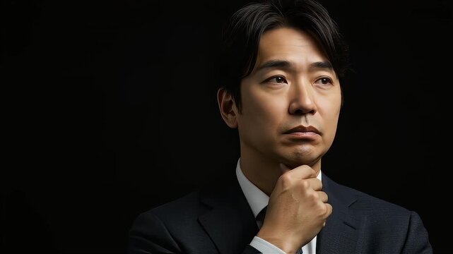 黒背景で思慮深い表情を浮かべるスーツ姿の日本人ビジネスマン