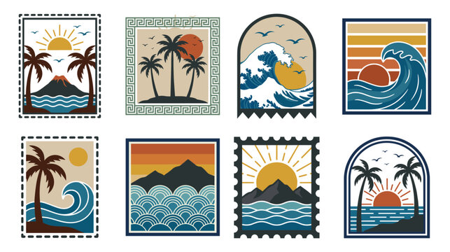 Summer sunset patch set with palm tree wave ocean and mountain retro