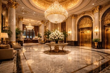 Fototapeta premium opulent hotel lobby space with marble surface flooring and gold elevator embellishments