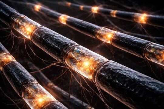 Closeup of nerve fibers in longitudinal section with black myelin sheath and characteristic Ranvier node interruptions