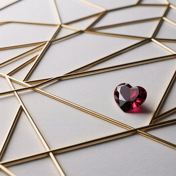 Geometric golden lines on marble background with red heart gemstone