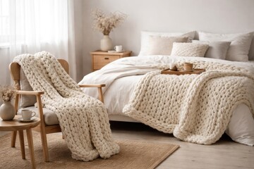 Fototapeta premium Inviting Scandinavian bedroom scene featuring hand knitted chunky wool blanket on chair and bed with white wall