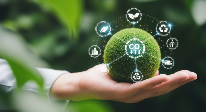Hand holding green sphere with sustainability icons and carbon reduction theme