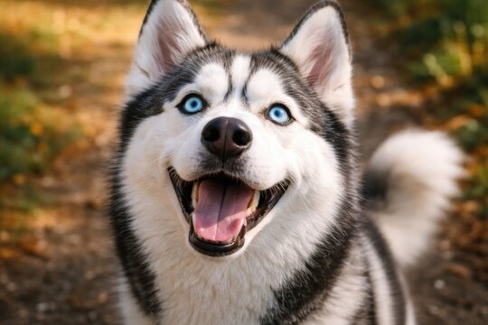 Joyful husky dog featuring piercing blue eyes looking above
