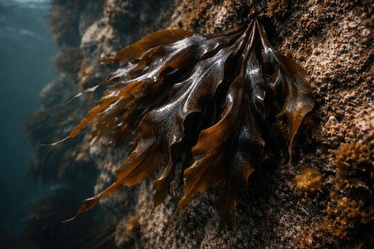 Close-up of Ecklonia radiata dark kelp attached to coarse rock wall