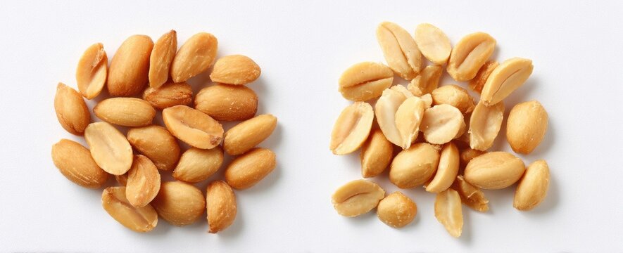 Two Piles of Roasted Peanuts, One Whole and One Halved, on a White Background.