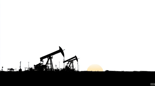 Oil pumpjacks silhouetted against rising sun representing future energy