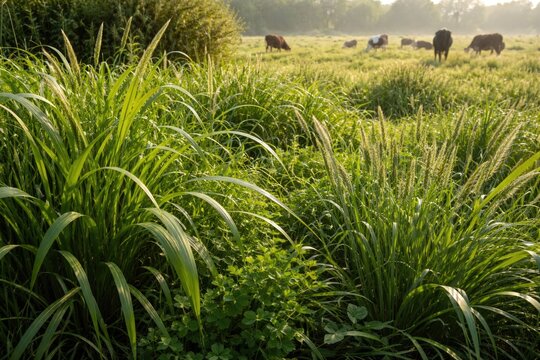 Different types of fodder grasses including para grass and buffalo grass for grazing livestock