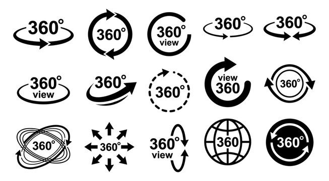 360 degree view icon set with rotation arrow and panorama