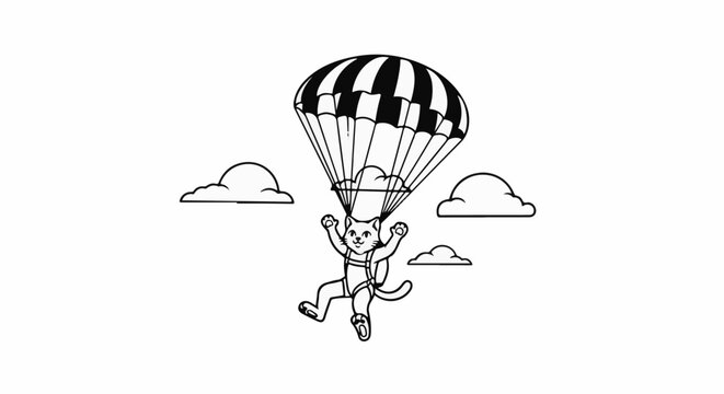 A cartoon cat with a parachute descends through fluffy clouds