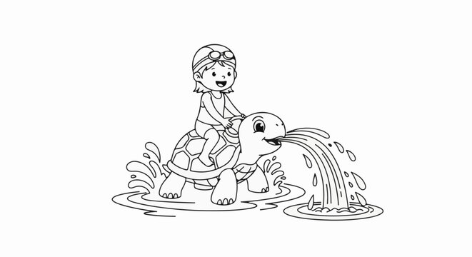 A child in swim gear rides a turtle spitting water