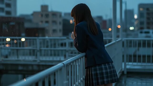 雨の降る夜、都会の歩道橋で手すりに寄りかかり街を眺める切ない表情の女子高校生