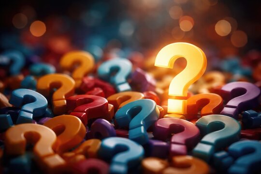 Abstract backdrop showcasing vivid question marks in close up with copy space
