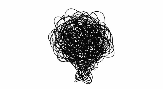 A black ink scribble in the shape of a tangled thought bubble