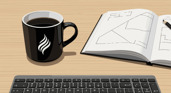 A black mug of coffee sits next to an open notebook with sketches