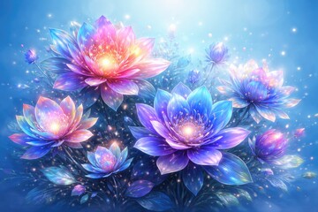 Obraz premium Artificial intelligence depiction of colorful flower set on soft blue scene