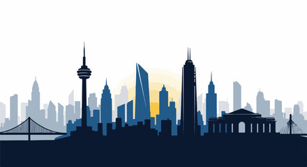 Obraz premium A city skyline silhouette with tall buildings, bridges, and a tower against a sunrise