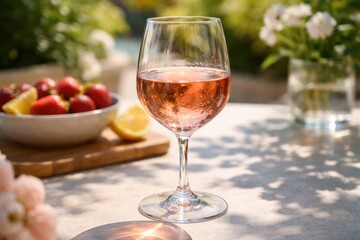 Naklejka premium Bright summertime scene with a close up of a wineglass filled with rose wine casting soft shadows