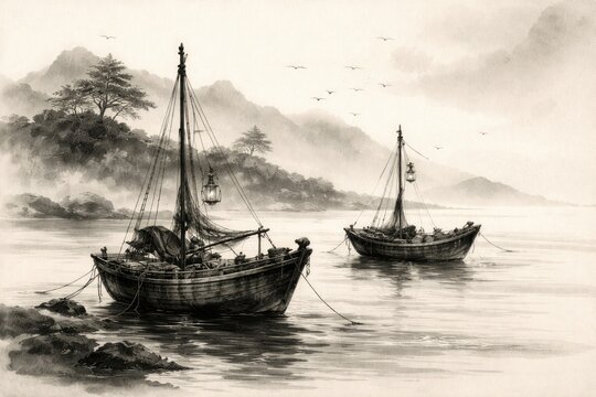 Fishing boats set against a simple ink wash coastal background in sumi e art