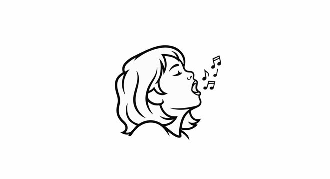 A black and white line drawing of a person singing with musical notes