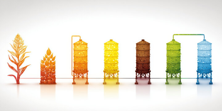 Biofuel production infographic showing ethanol refining process
