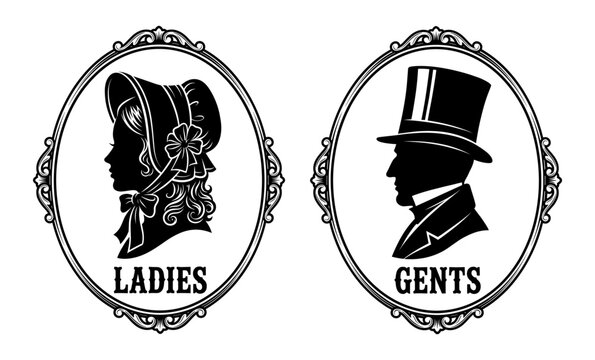 Ladies and gents restroom sign with vintage profile silhouette