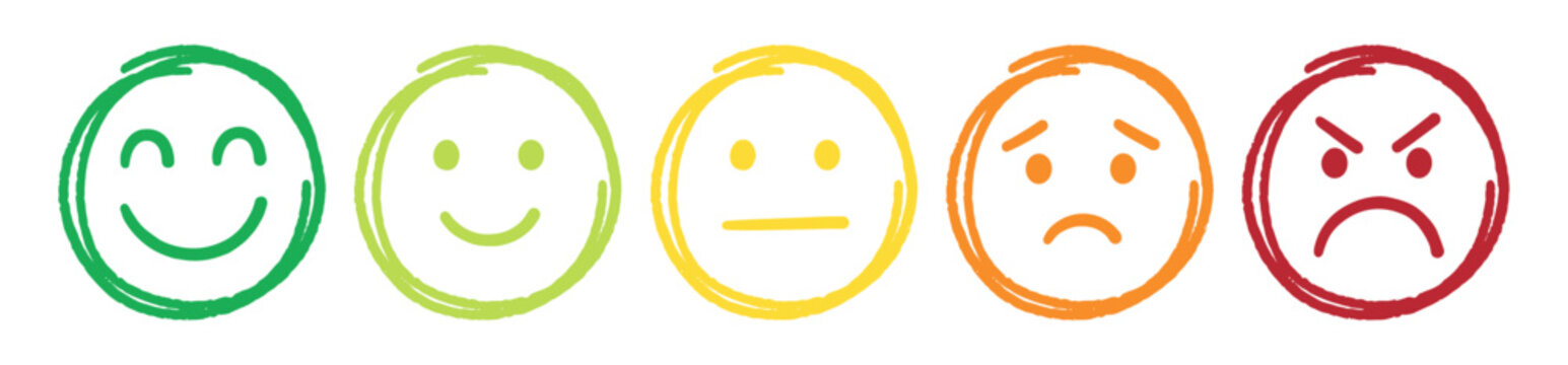 Feedback scale emoji set in hand drawn doodle sketch