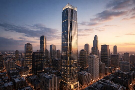 Contemporary tower with multiple windows rising above downtown skyline