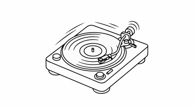 A black and white line drawing of a turntable with a spinning record