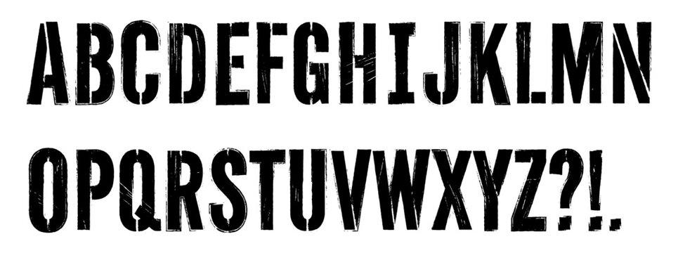 Grunge alphabet set abc letter punctuation distressed stencil ink