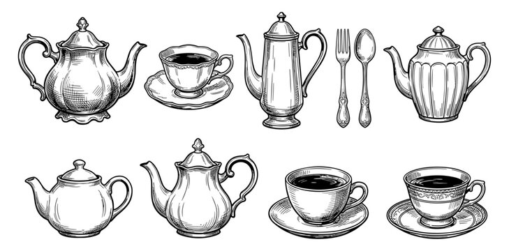 Vintage tea set with teapot coffee cup spoon and fork engraving