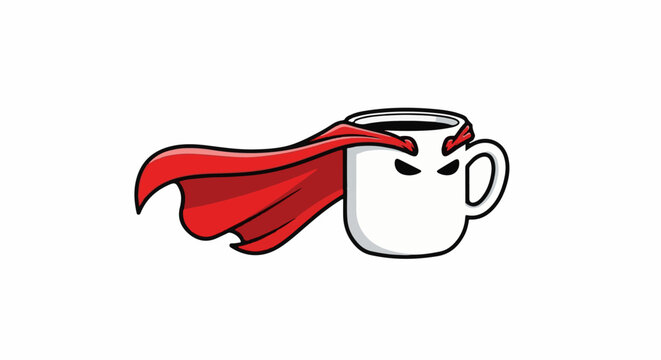 A cartoon white coffee mug with a red cape and mask