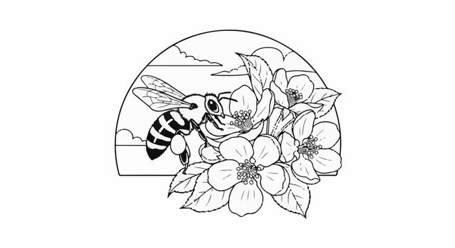 A bee pollinates flowers against a sky with clouds, in a graphic illustration