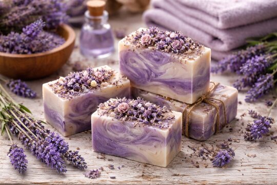 Artisan lavender floral soaps set on distressed white wooden table