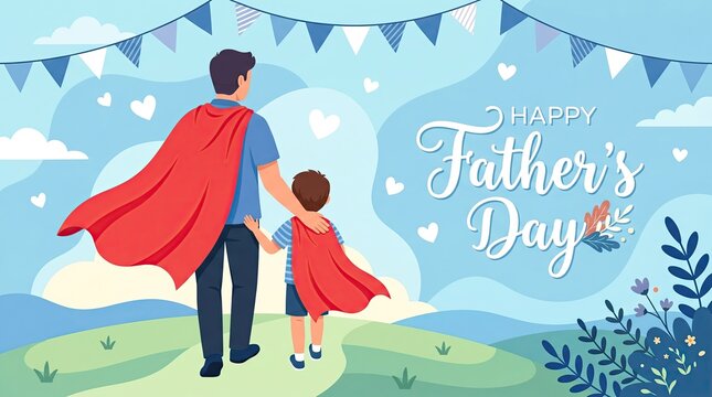 father and child flying superhero capes on fathers day outdoor celebration
