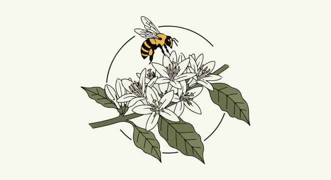 A bee hovers over a blooming branch of white flowers within a circular frame