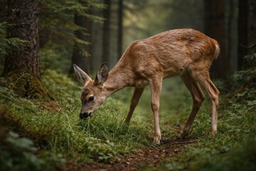 Obraz premium Full length view of a juvenile roe deer eating grass in dense woods