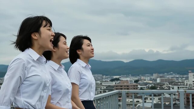 屋上で遠くの空に向かって大きな声で叫び、笑顔で解放感を感じる女子高生たち
