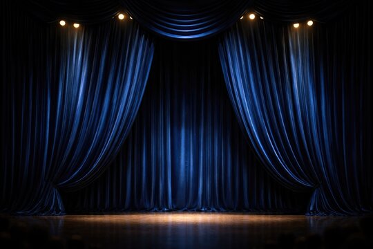 Blue velvet theater curtains in a dark setting with room for text
