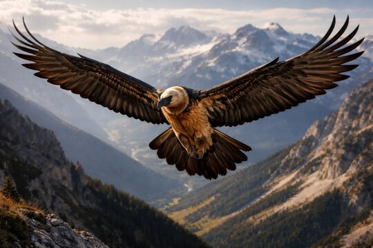 Bearded vulture wings outstretched while hovering above scenic mountain ridges