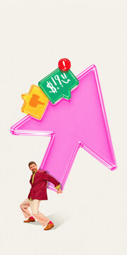 Man carrying with large pointer icon and notification symbols concept online business growth. Clean background, bold composition, copy space, fits marketing, digital, advertising