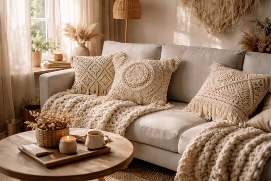 Inviting Scandinavian living space with handcrafted macrame pillows and chunky knit blanket on sofa